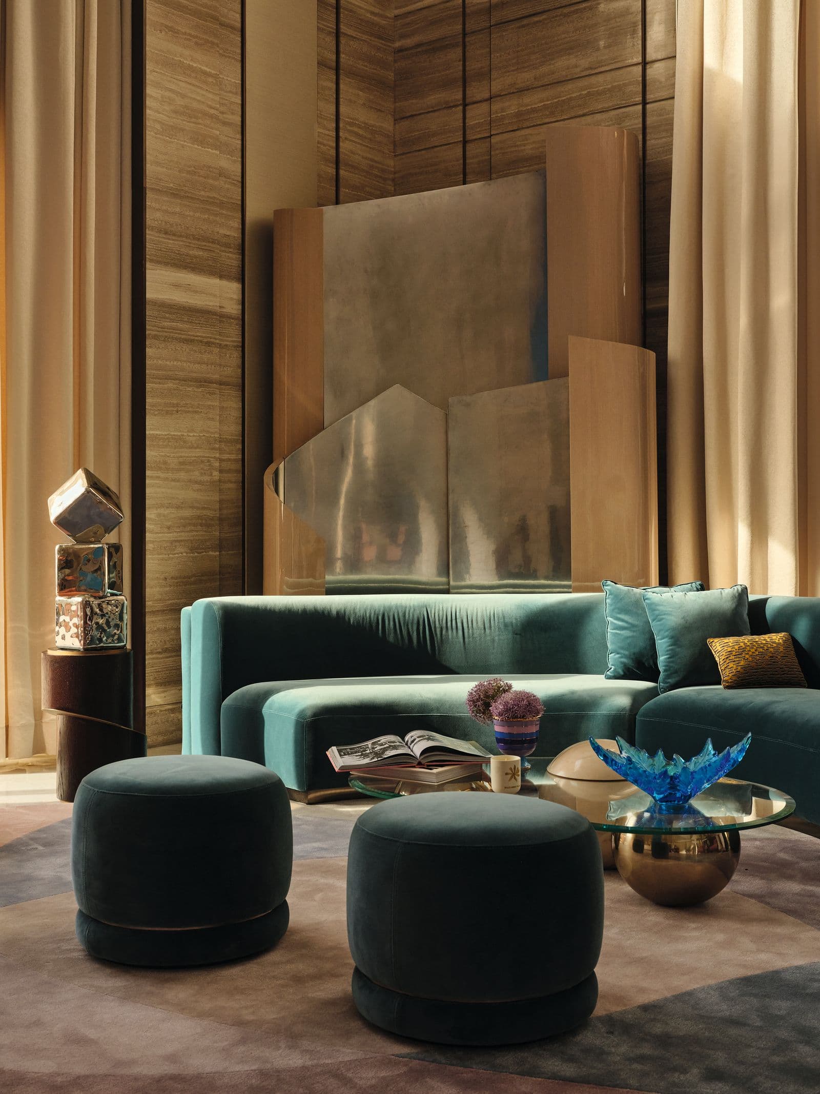 Contemporary majlis with teal velvet upholstery